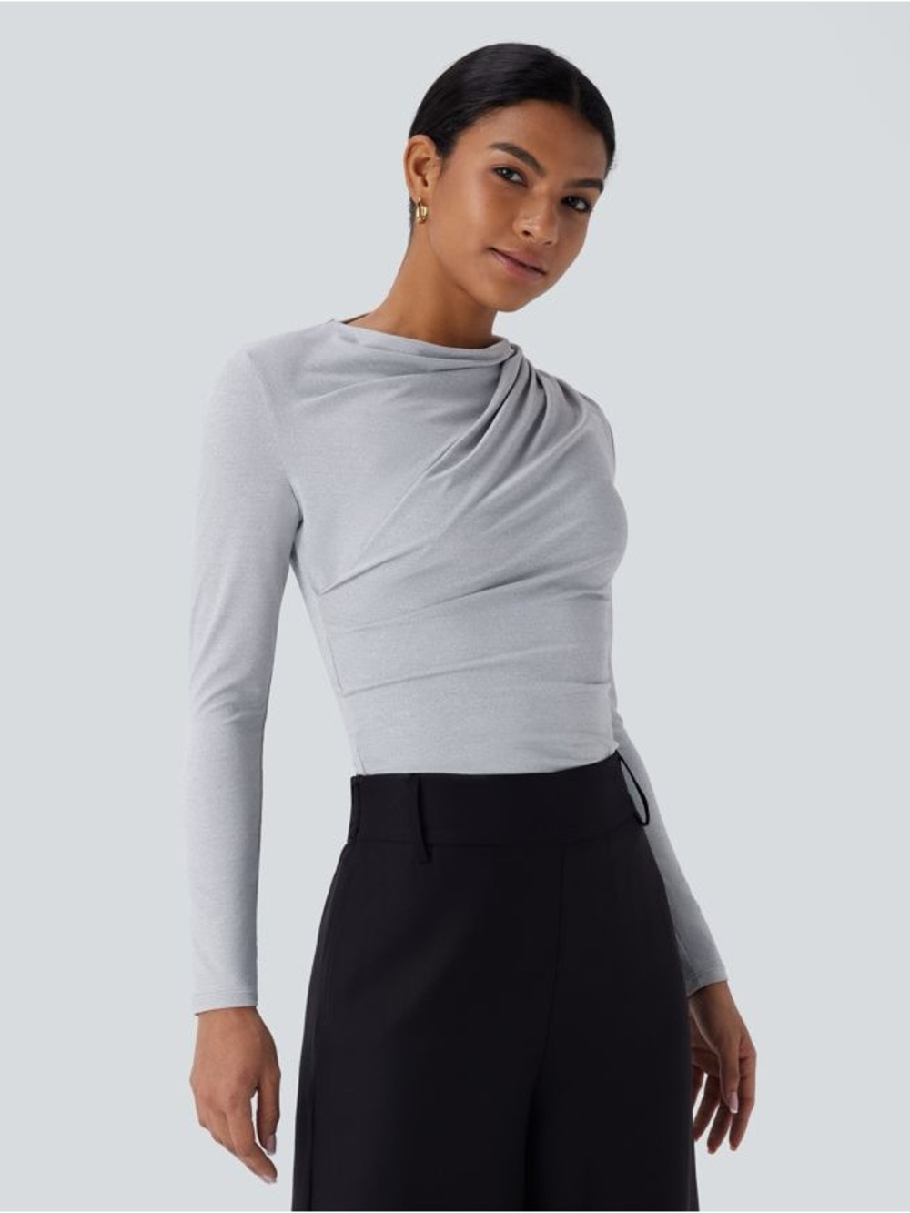 Halara Cowl Neck Ruched Long Sleeve Slim Work Top Size L NWT Light Gray